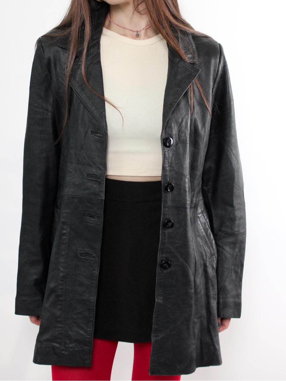 Vintage Black Leather Blazer Coat Size M, 90s Fitted Longline Button Jacket
